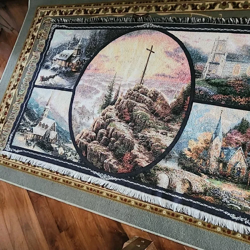 Thomas Kinkade Christmas Blanket Throw Woven Afghan Cross, Church, Sleigh 64x45